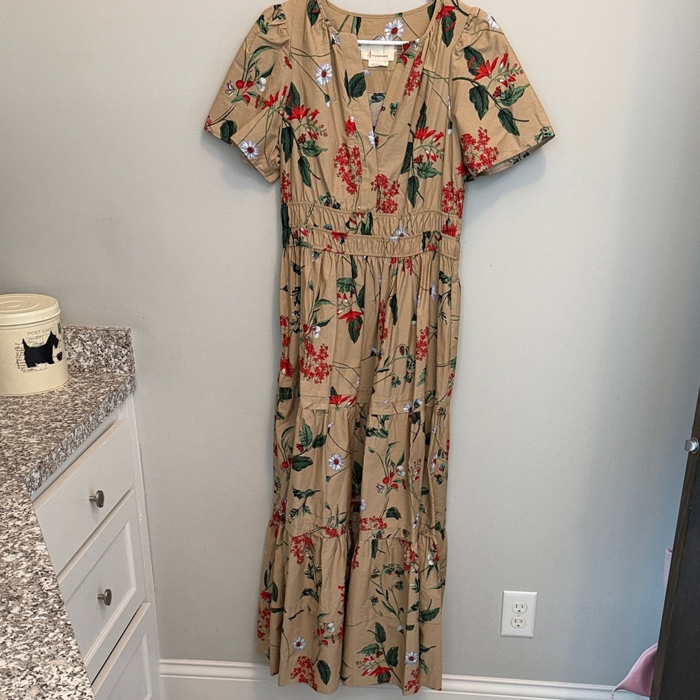 Anthropologie Somerset Maxi Dress Tan Khaki Red Floral. Size Medium. NWOT. - Picture 7 of 9